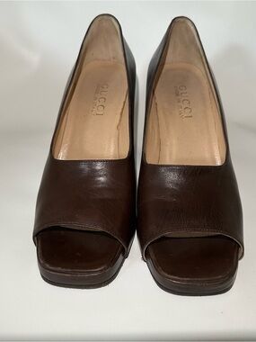 Gucci Brown Leather Open-Toe Heeled Pumps